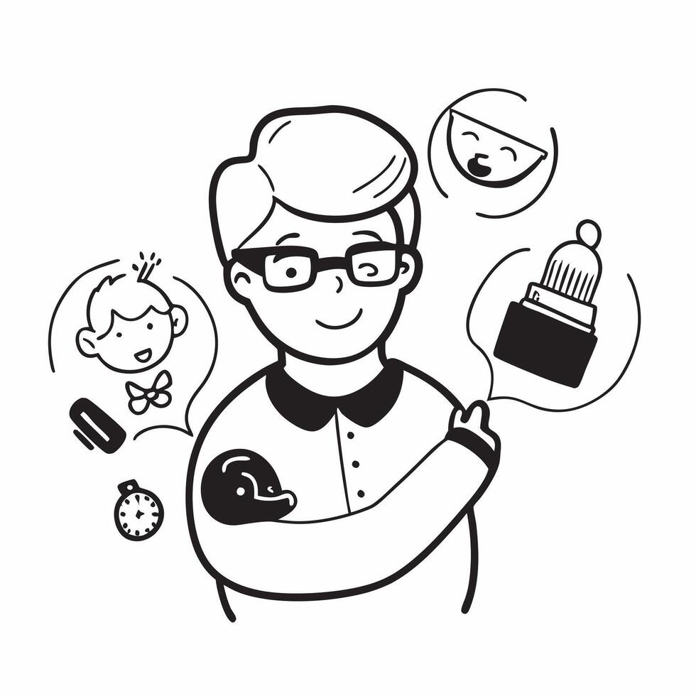 Father with baby safety gear concept as A fathers profile blended with baby safety gear symbolizing the importance of safety in baby care Perfect for parenting and safety ads in Dynamics vector