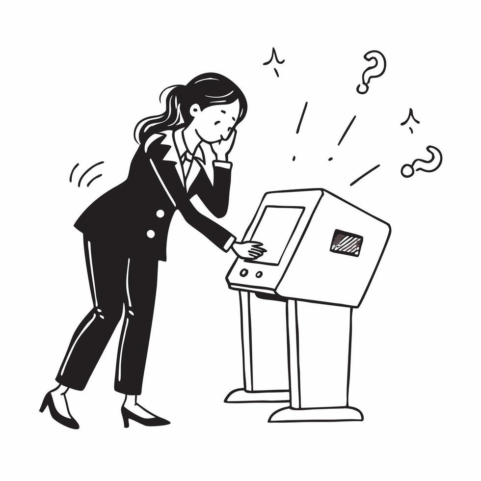 Female executive looking at a failed machine learning model appearing frustrated concept as A female executive in a formal suit looking at a failed machine learning model on her co Dynamics vector