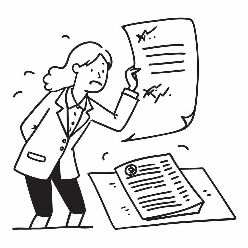 Female executive looking at a broken partnership contract appearing disappointed concept as A female executive in a formal suit looking at a broken partnership contract on her desk Dynamics vector