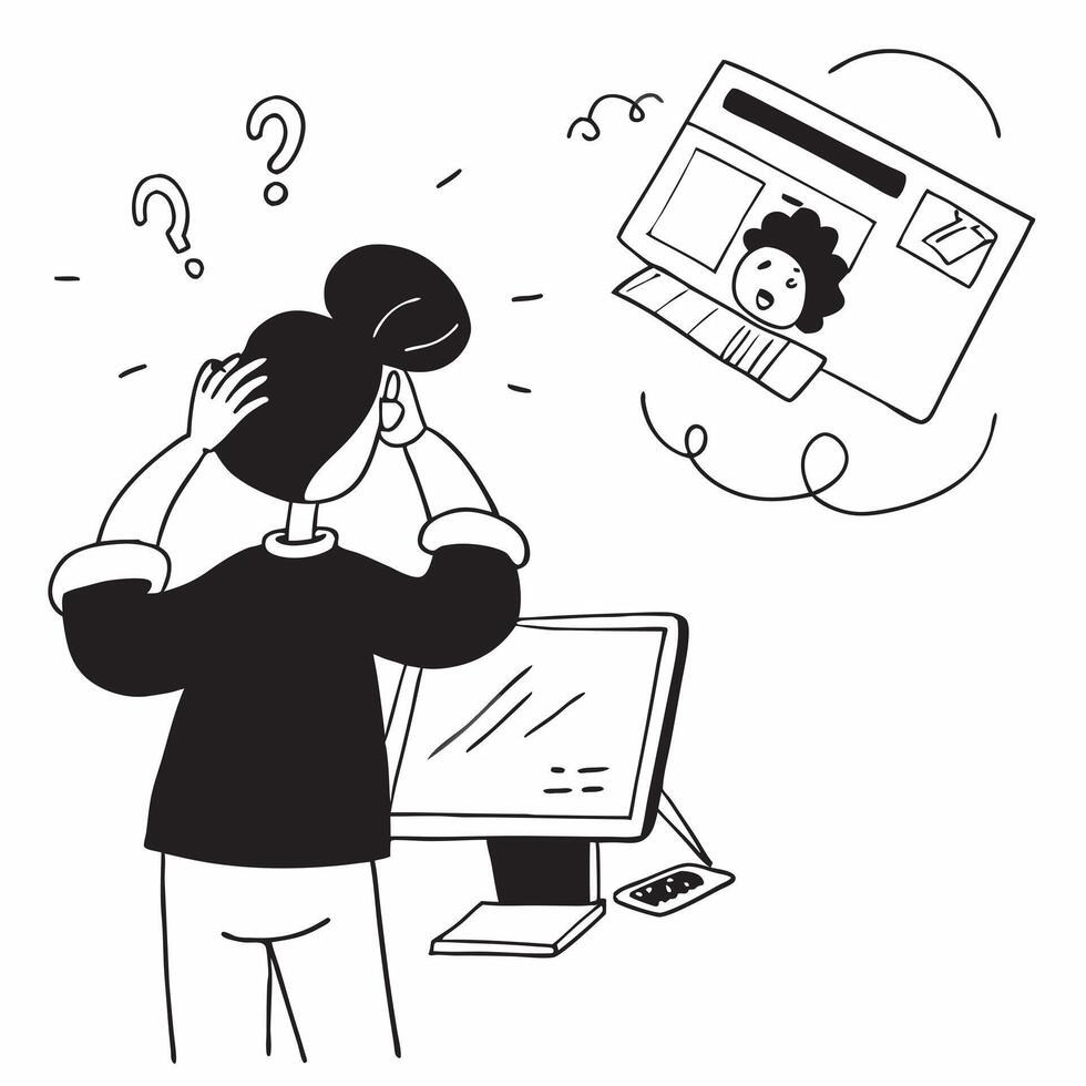 Female entrepreneur looking at a failed marketing campaign appearing stressed concept as A female entrepreneur in a casual outfit looking at a failed marketing campaign on her comp Dynamics vector