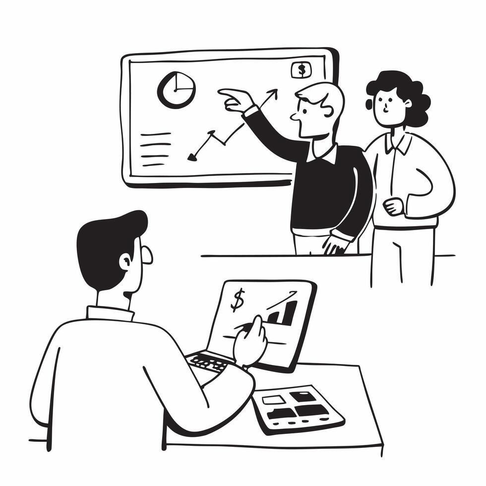 Financial advisor presenting stock valuation strategies to clients concept as A financial advisor in a modern office presenting stock valuation strategies to clients using a laptop Dynamics vector