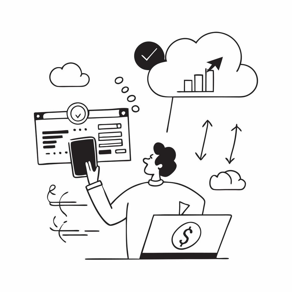 Financial analyst using cloud computing for stock valuation concept as A financial analyst in a modern office using cloud computing on a laptop for stock valuation highlighting tec Dynamics vector