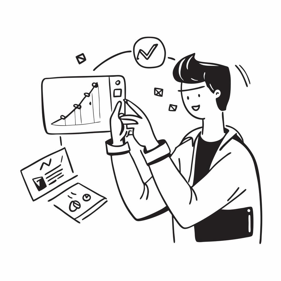 Financial analyst using augmented reality for interactive stock valuation concept as A financial analyst in an office using augmented reality on a tablet for interactive stock valu Dynamics vector