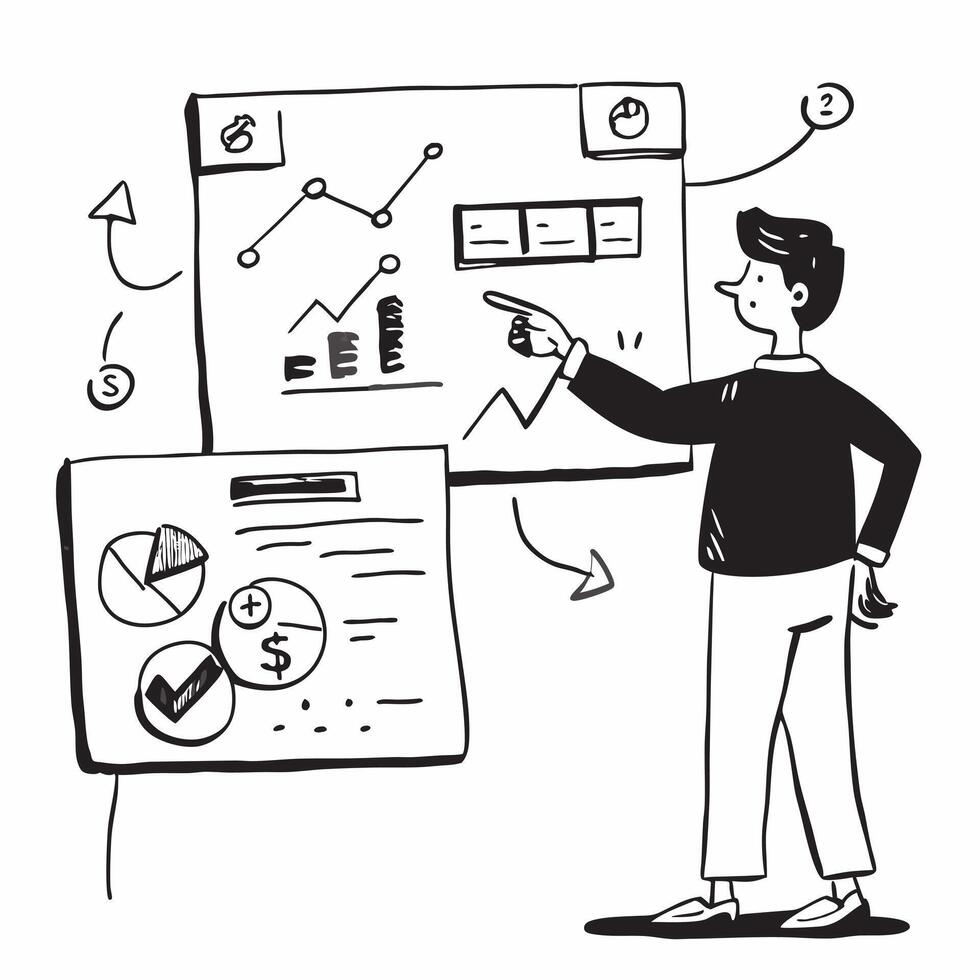 Financial analyst presenting data in a hybrid meeting concept as A financial analyst presenting data in a hybrid meeting with charts displayed in the office and shared online showc Dynamics vector