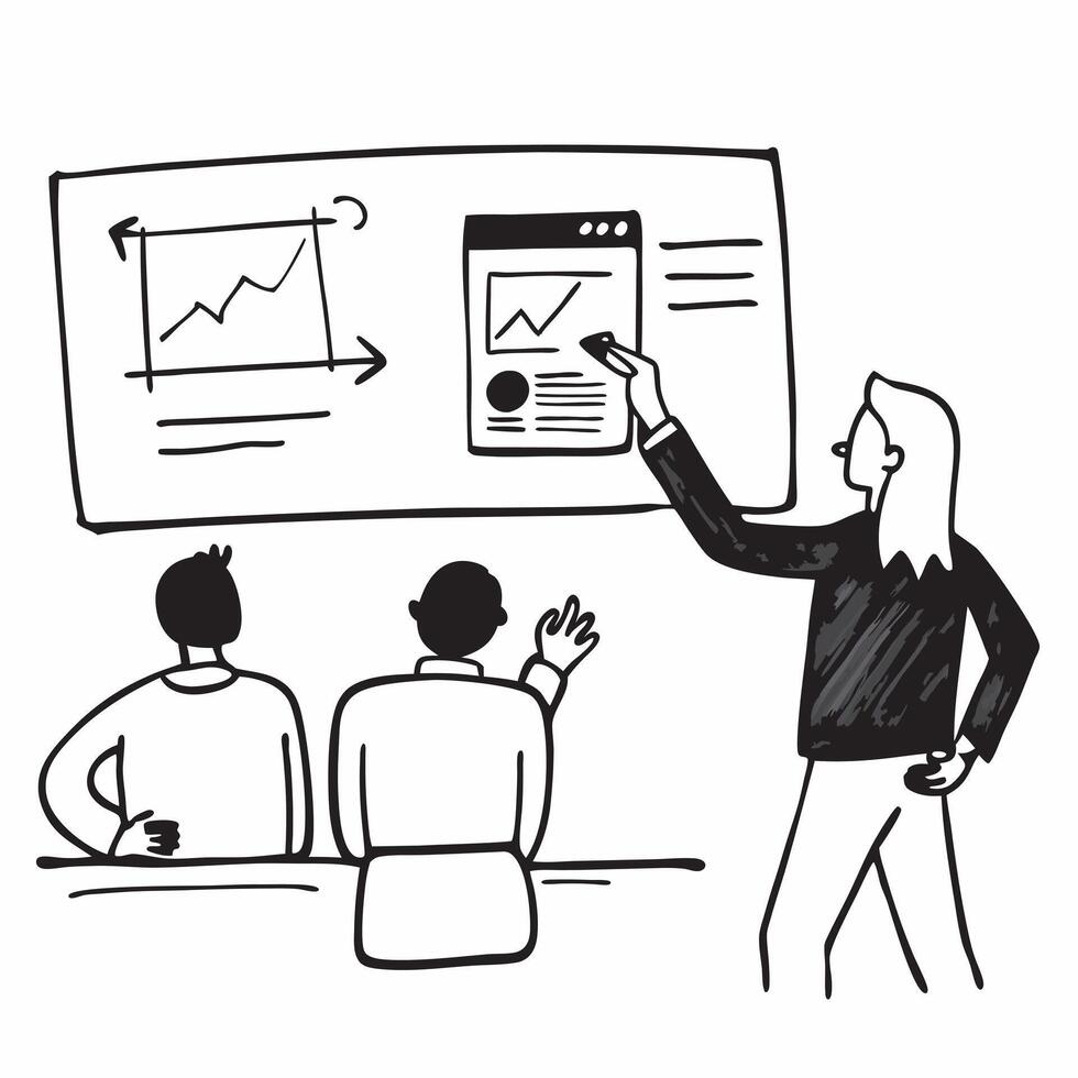 Financial analyst presenting stock valuations in a hybrid meeting concept as A financial analyst presenting stock valuations in a hybrid meeting with reports displayed in the offic Dynamics vector
