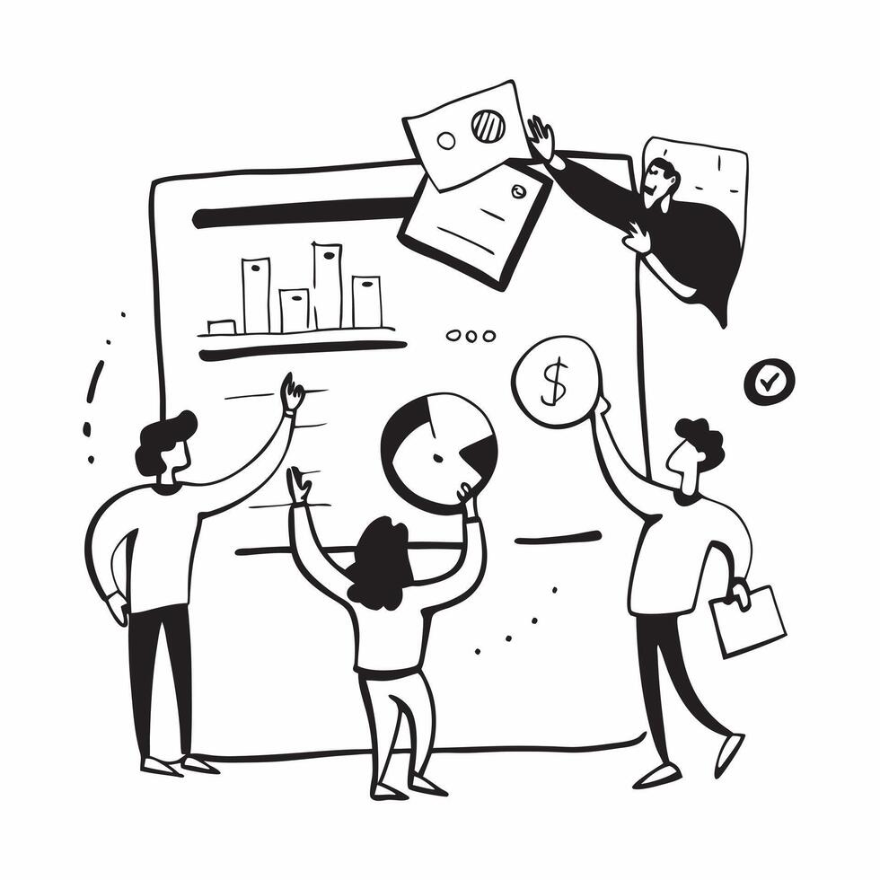 Financial team collaborating on budget planning concept as A illustration of a financial team collaborating on budget planning using charts and digital tools with an 8 color Dynamics vector