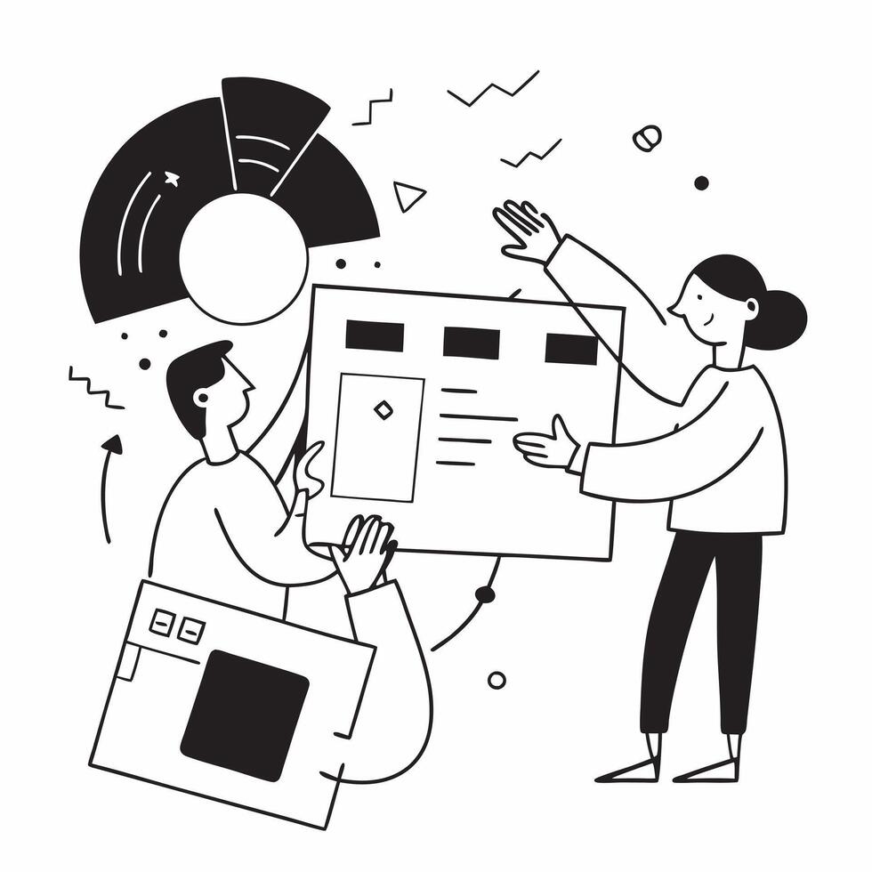 Flat design as Business partners working on a project concept as A icon illustration of business partners working on a project together using charts and graphs with an 8 color pa Dynamics vector