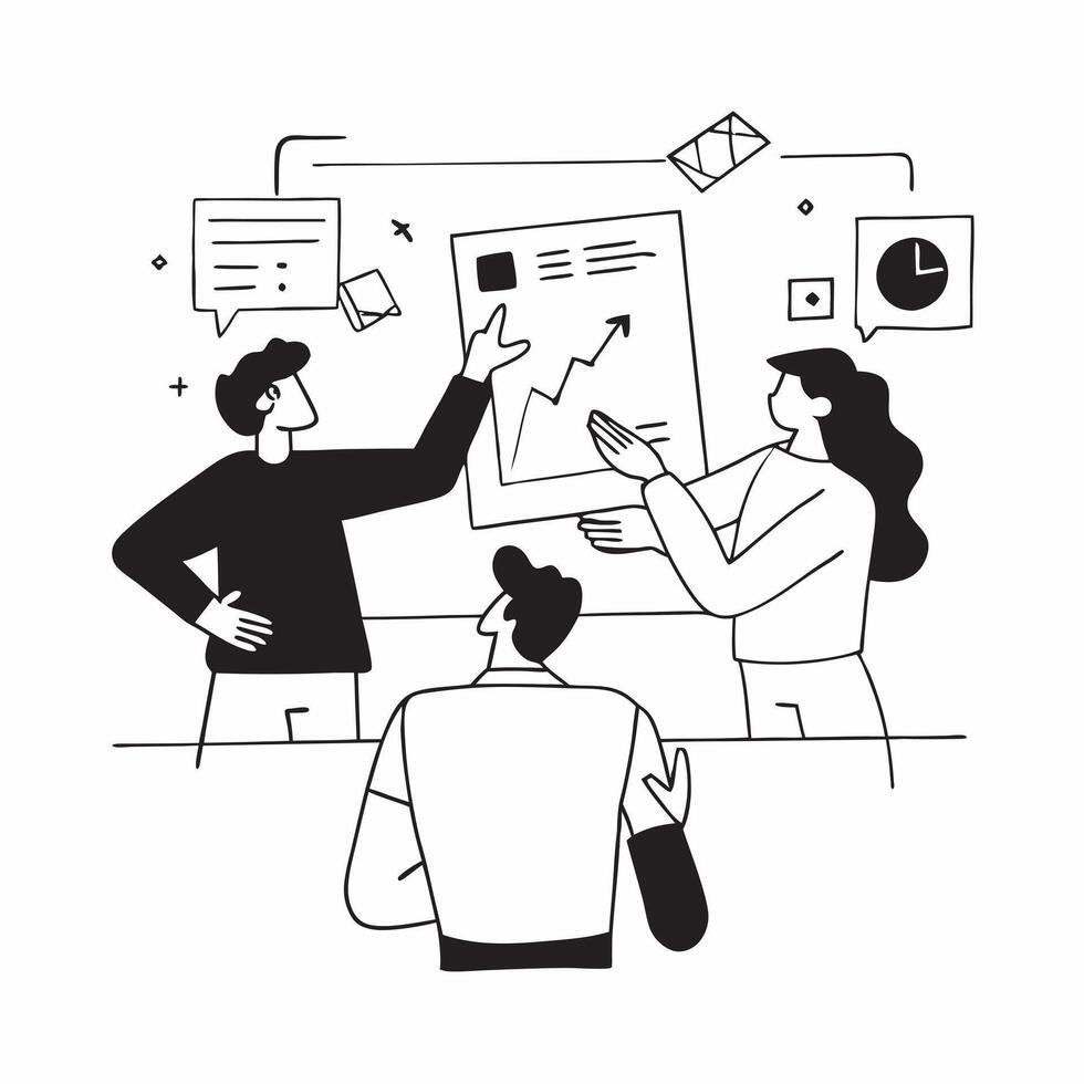 Flat design as Business team analyzing data in a meeting room concept as A icon illustration of a business team analyzing data in a meeting room using a 3 color scheme to highlig Dynamics vector
