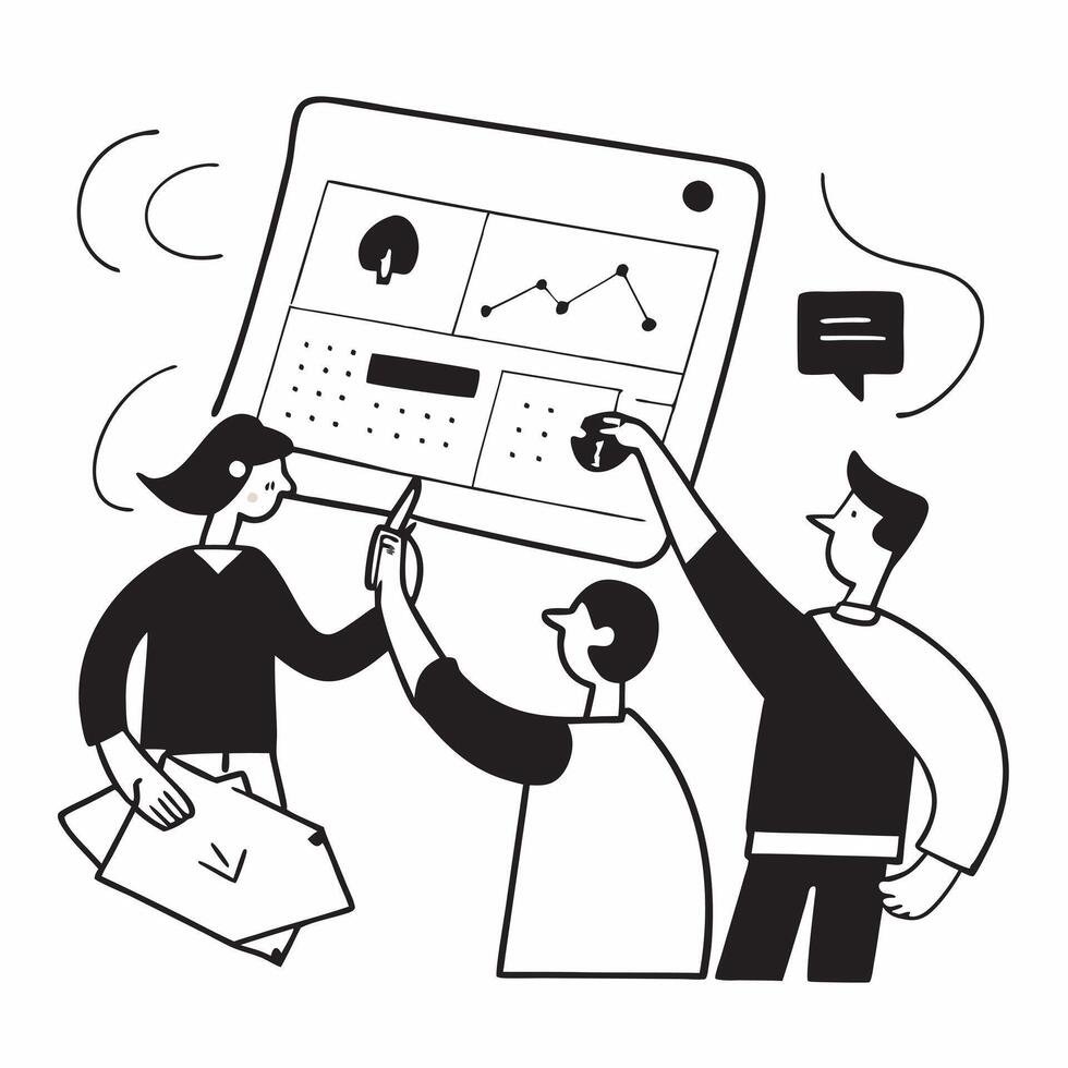 Flat design as Business team planning next quarters strategy in a meeting concept as A icon illustration of a business team planning next quarters strategy in a meeting using a 3 Dynamics vector