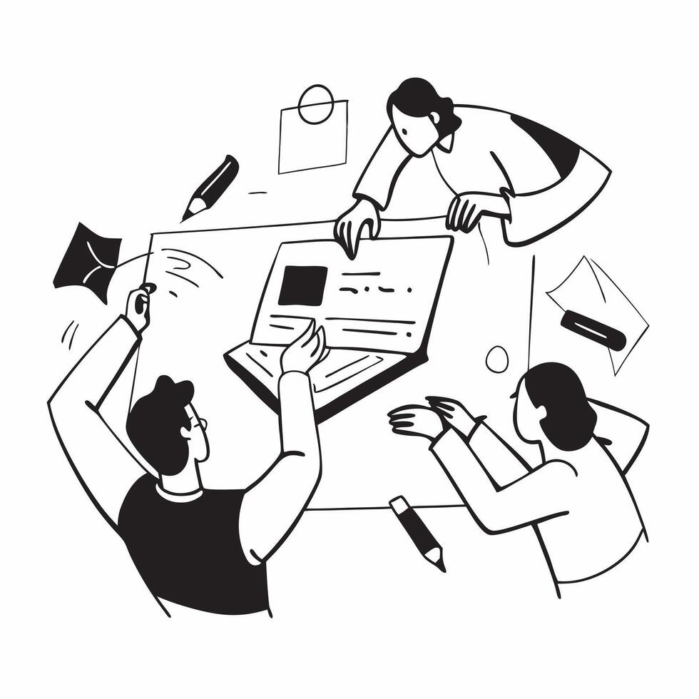 Flat design as Colleagues working on a business proposal in a meeting concept as A icon illustration of colleagues working on a business proposal in a meeting using a 3 color sch Dynamics vector