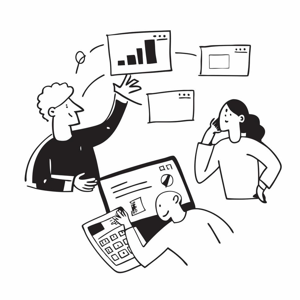 Flat design as Sales team collaborating in a virtual meeting concept as A illustration of a sales team collaborating in a virtual meeting using conferencing tools with Dynamics Set 3 vector