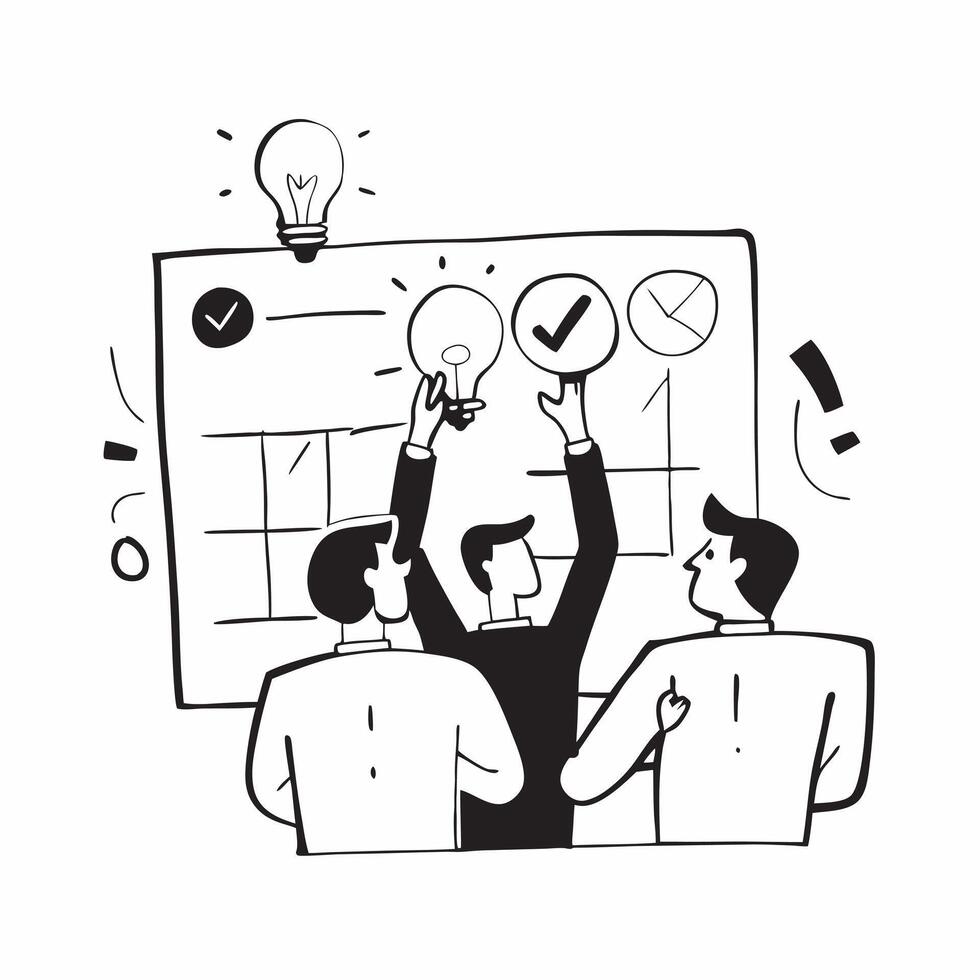 Flat design as Team brainstorming ideas in a creative meeting room concept as A illustration of a team brainstorming ideas in a creative meeting room using a 3 color scheme Dynamics vector