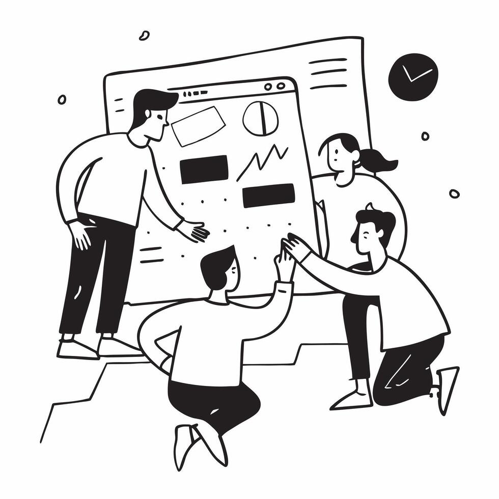 Flat design as Team discussing project milestones in a meeting room concept as A illustration of a team discussing project milestones in a meeting room utilizing a 3 color p Dynamics vector