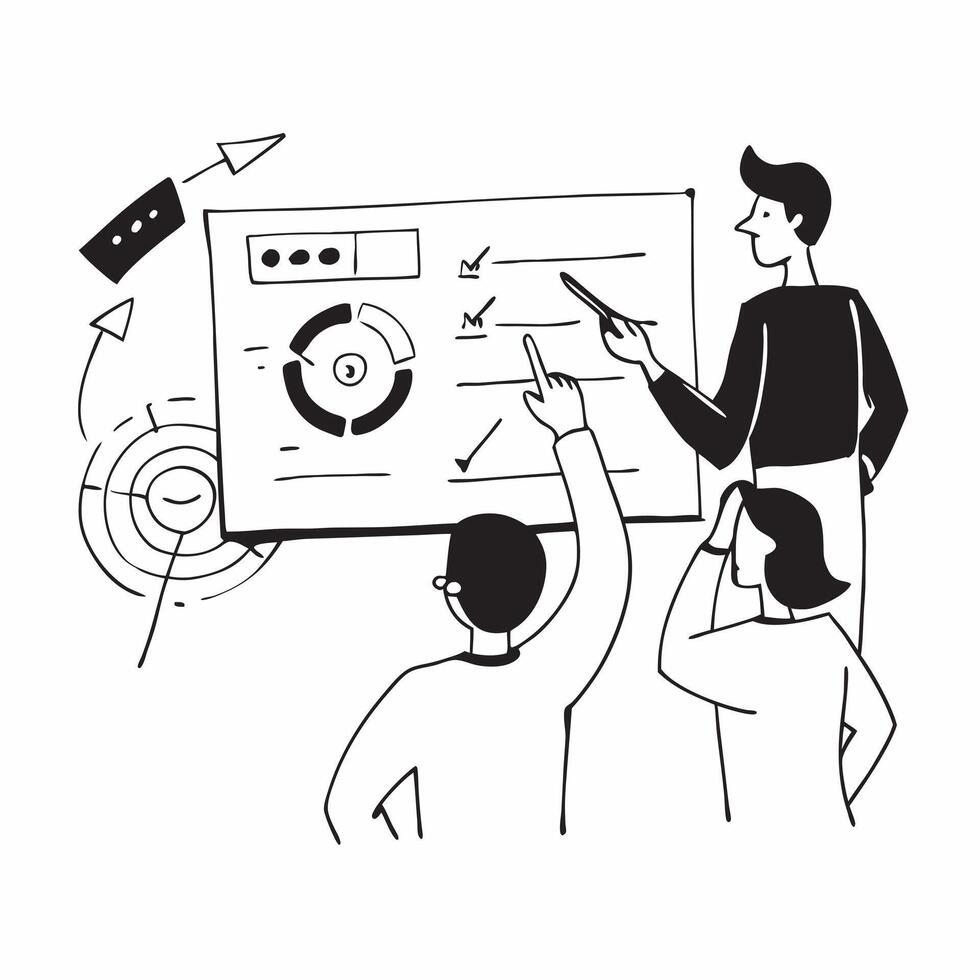 Flat design as Team members discussing quarterly targets in a business meeting concept as A illustration of team members discussing quarterly targets in a business meeting u Dynamics vector