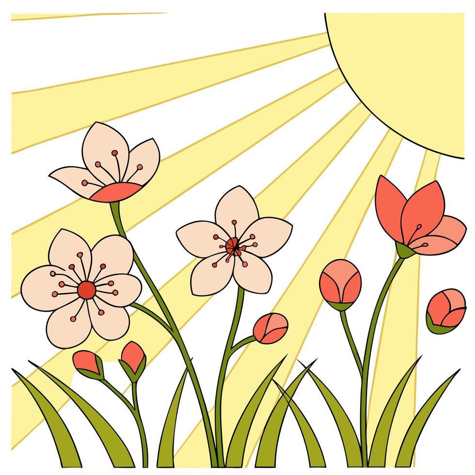 Fresh spring sunshine seamless pattern with vibrant light rays and blooming flowers for energizing spring visuals concept as Energizing spring sunshine pattern with vibrant rays an Dynamics Set 2 vector