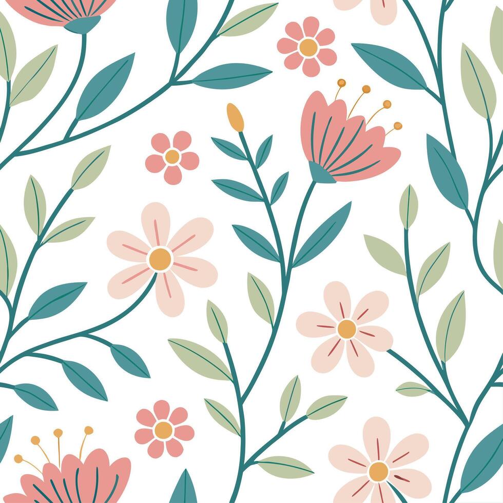 Fresh spring floral seamless pattern with lively blooms and soft white balance for cheerful spring projects concept as Lively floral pattern with blooming flowers and soft white ba Dynamics vector