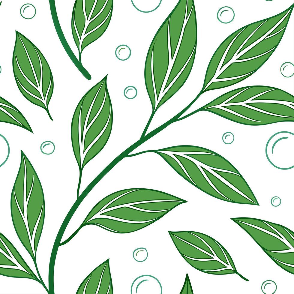 Fresh spring nature seamless pattern with crisp green leaves and dewdrops for a revitalizing spring aesthetic concept as Dew kissed leaves pattern with vibrant green hues and dewdr Dynamics vector
