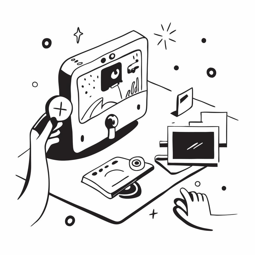 Gamer playing on a glossy gaming console in a home setup concept as Camera movement Zoom into the glossy gaming console and screen Scene A home gaming setup with modern decor Det Dynamics vector