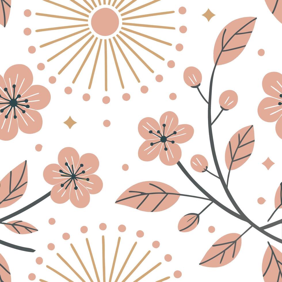 Gentle spring sunshine seamless pattern with soft rays and light floral elements for peaceful elegant designs concept as Elegant spring sunshine pattern with soft rays and delicate Dynamics vector