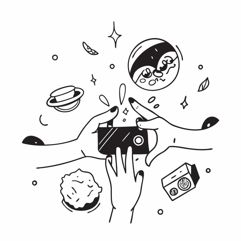 Glossy abstract digital art of hands holding food for World Food Day concept as Camera movement Focus on the hands holding various abstract food items Scene A glossy digital backg Dynamics vector