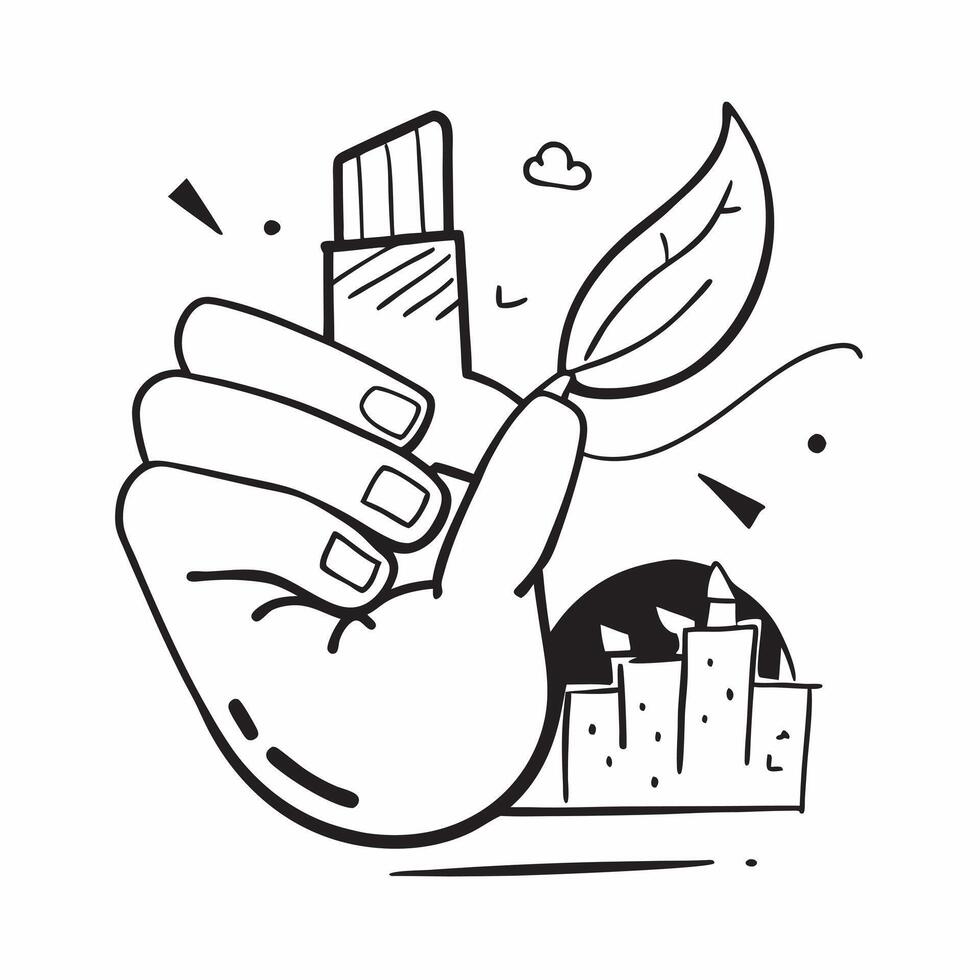 Hand holding a cut leaf in a factory concept as A hand holding a cut leaf in a factory symbolizing sustainable manufacturing practices and corporate social responsibility in indust Dynamics vector