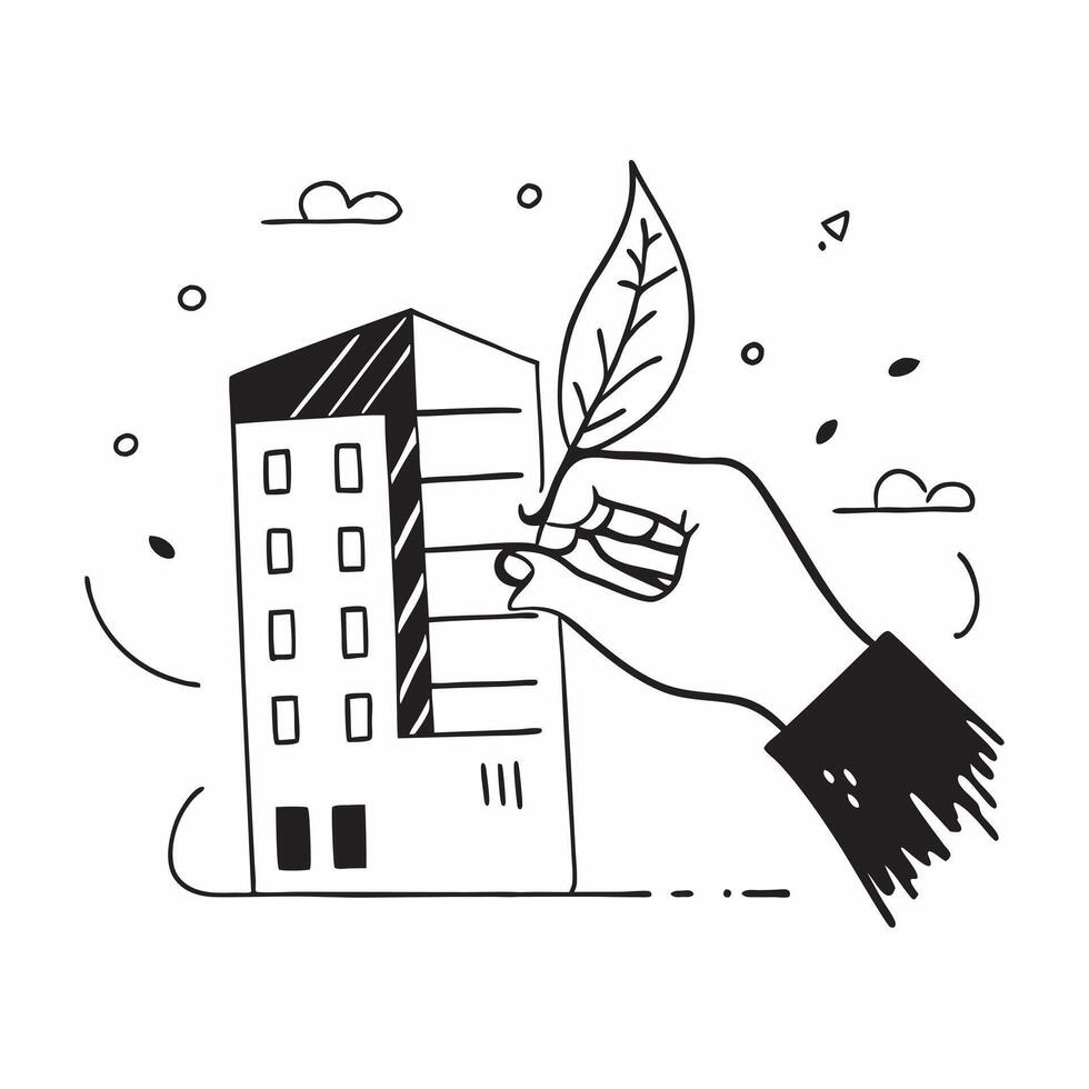 Hand holding a cut leaf in front of a corporate building concept as A hand holding a cut leaf in front of a corporate building emphasizing the integration of sustainability into co Dynamics vector