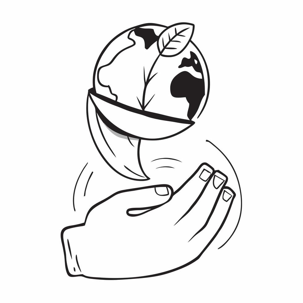 Hand holding a cut leaf over a globe concept as A hand holding a cut leaf over a globe representing global environmental responsibility and the impact of corporate social responsib Dynamics vector
