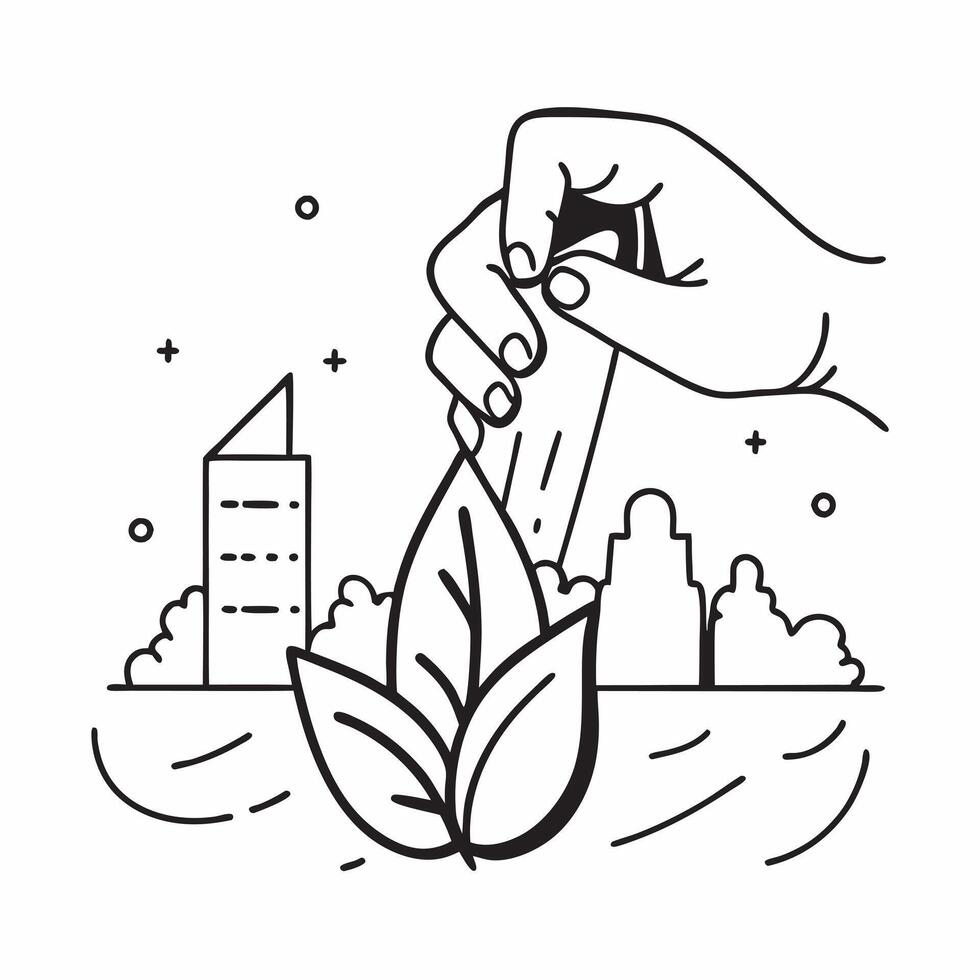 Hand holding a cut leaf with a cityscape in the background concept as A hand holding a cut leaf against a cityscape background highlighting urban environmental initiatives and corp Dynamics vector