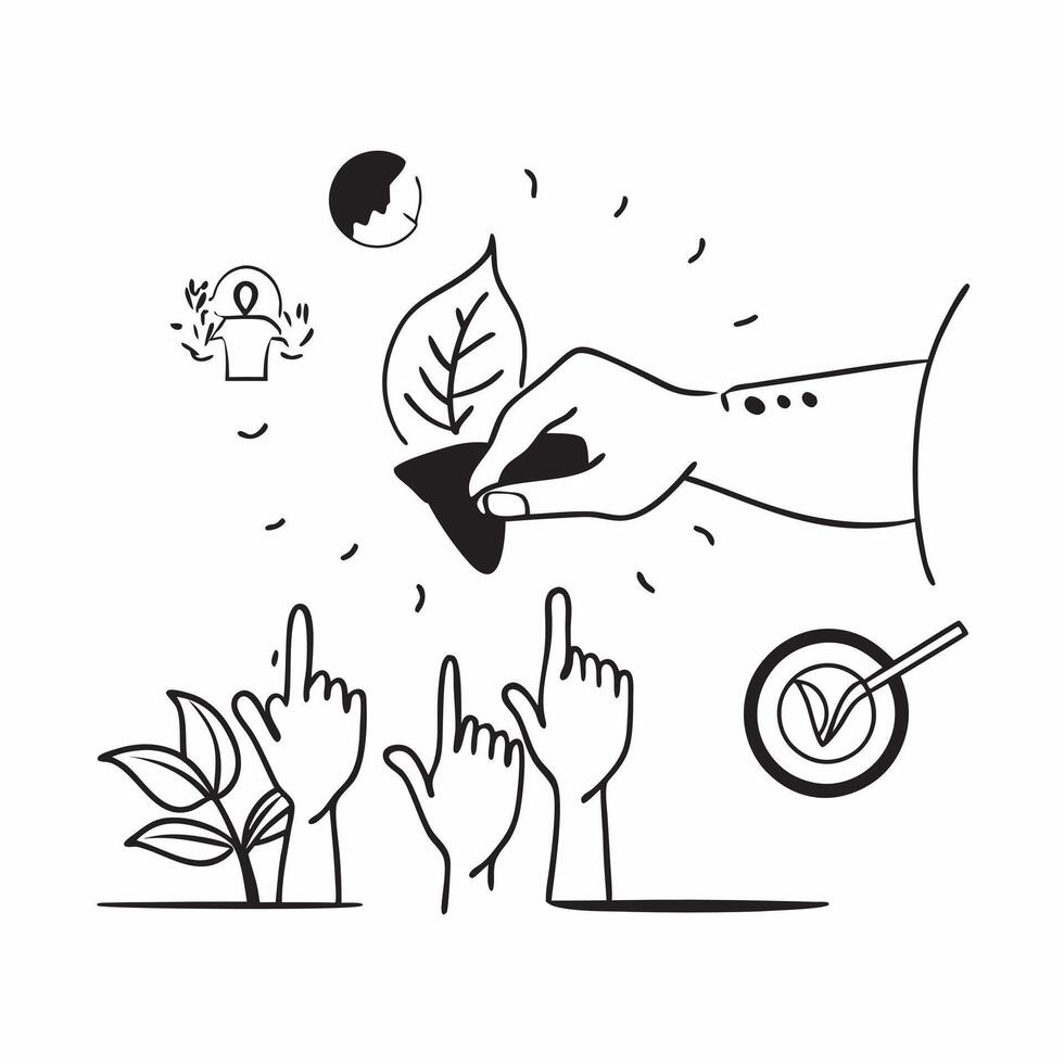 Hand holding a cut leaf with a group of volunteers concept as A hand holding a cut leaf with a group of volunteers in the background highlighting volunteer work and corporate socia Dynamics vector