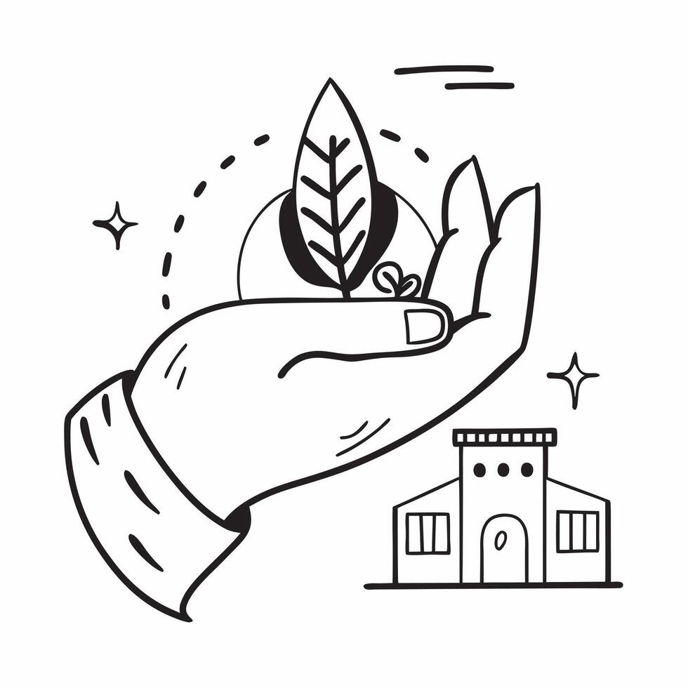 Hand holding a cut leaf with a school in the background concept as A hand holding a cut leaf with a school in the background representing educational initiatives and corporate soci Dynamics vector