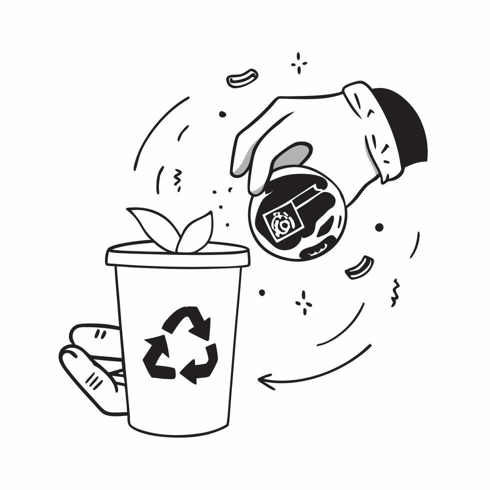 Hand holding a cut leaf with a recycling bin concept as A hand holding a cut leaf with a recycling bin in the background emphasizing waste management and corporate social responsib Dynamics vector