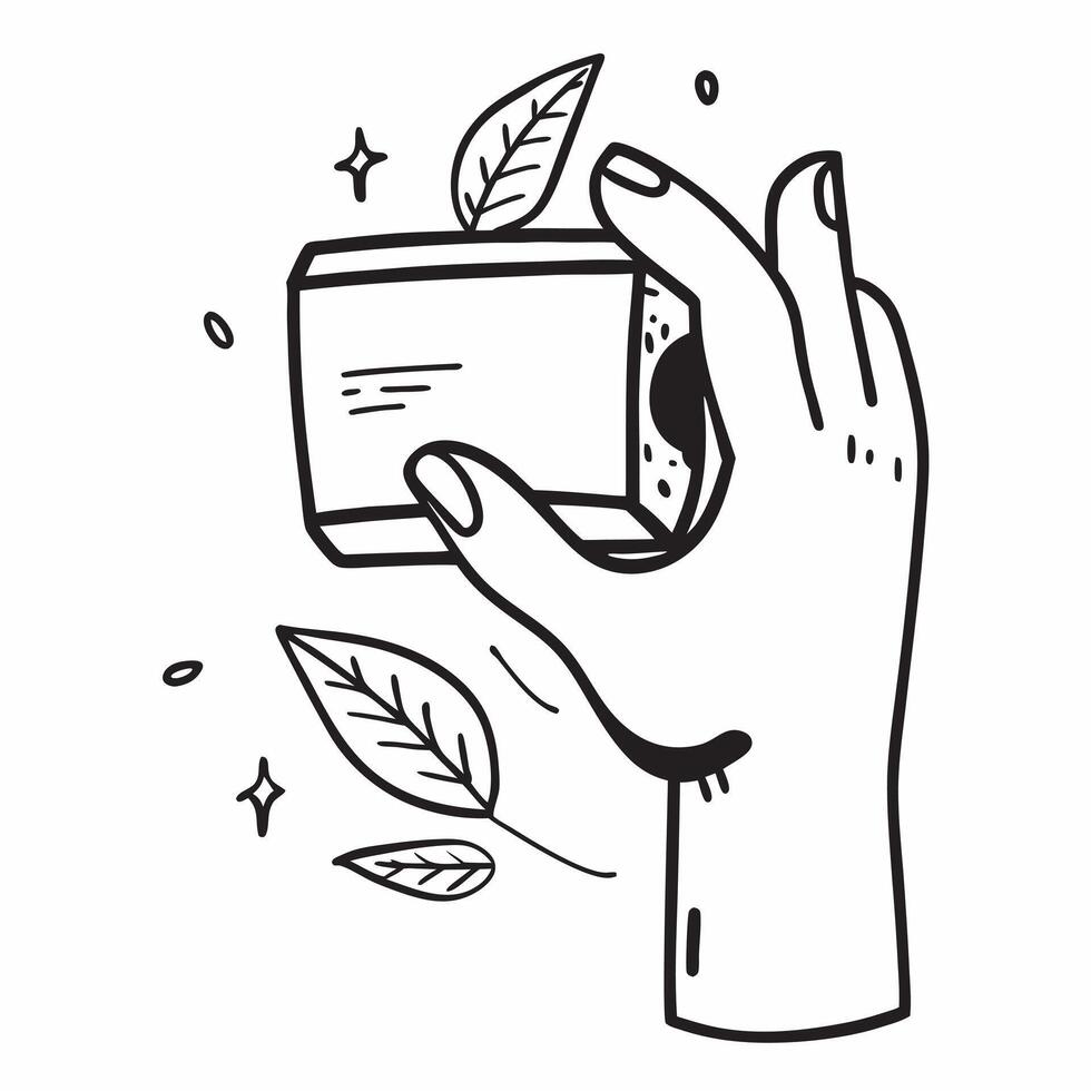 Hand holding a cut leaf with eco friendly products concept as A hand holding a cut leaf with eco friendly products in the background promoting green products and corporate social r Dynamics vector