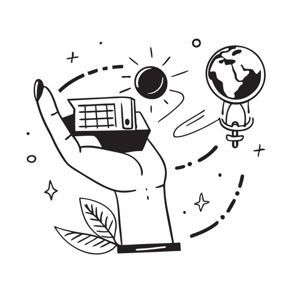 Hand holding a cut leaf with a solar farm concept as A hand holding a cut leaf with a solar farm in the background representing renewable energy and corporate social responsibility Dynamics vector