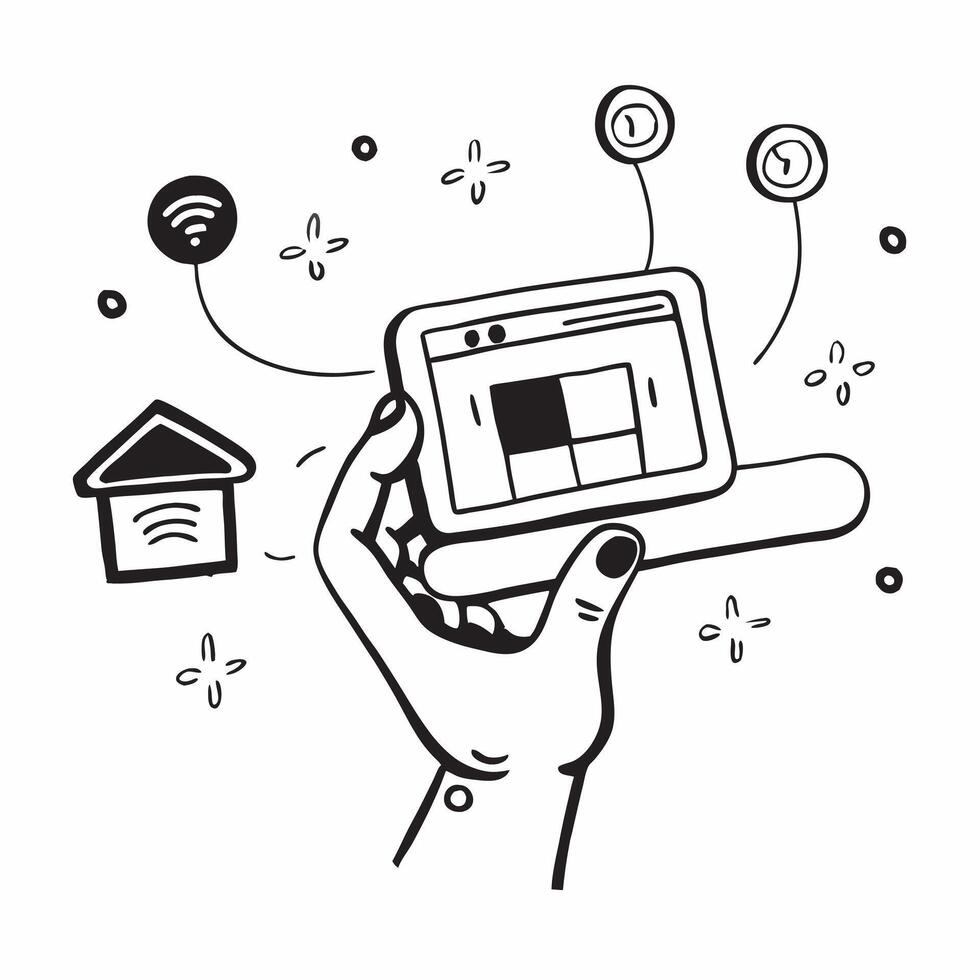 Hand Holding Tablet with Holographic Smart City Icon and Device Icon concept as A photo featuring a hand holding a tablet with a glossy glowing holographic smart city icon and devi Dynamics Set 3 vector
