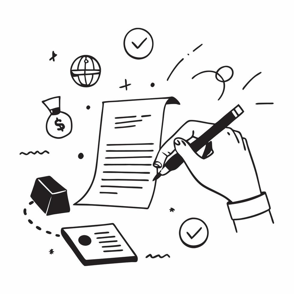 Hand Signing Contract with Holographic Agreement Icon and Signature Icon concept as A photo depicting a hand signing a contract with a glossy glowing holographic agreement icon and Dynamics Set 6 vector