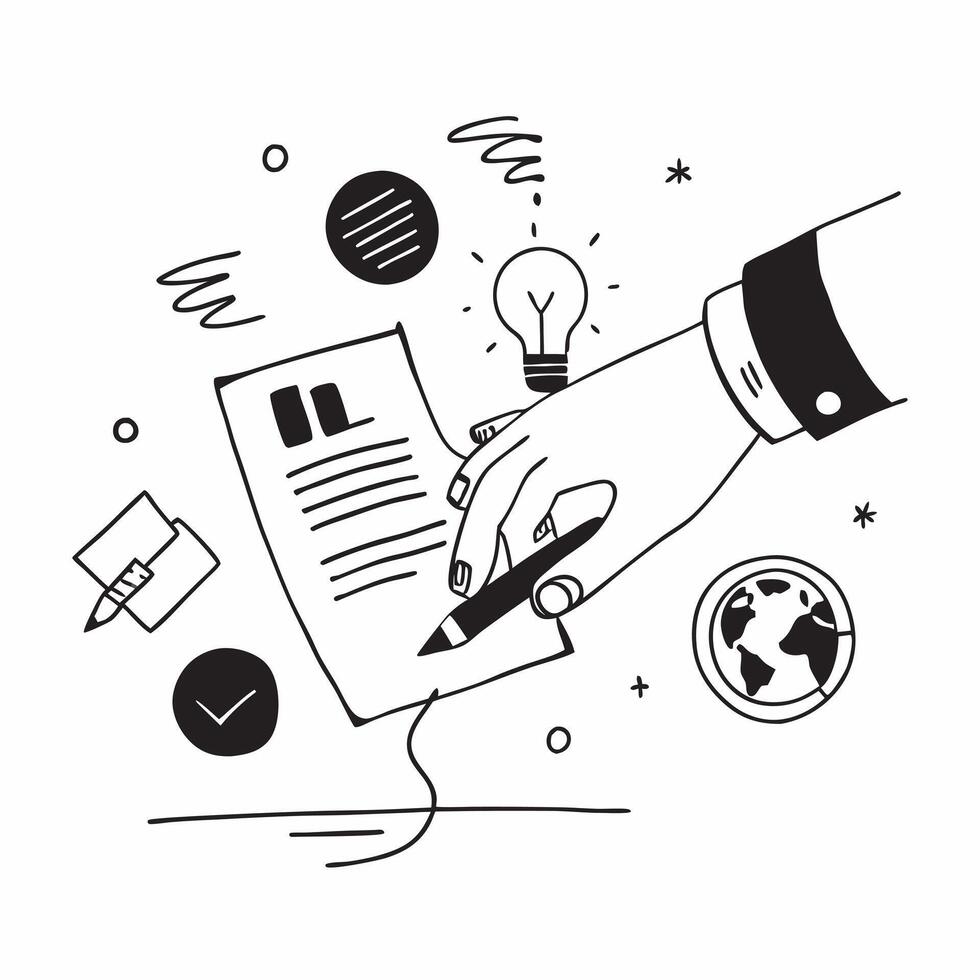 Hand Signing Contract with Holographic Agreement Icon and Signature Icon concept as A photo depicting a hand signing a contract with a glossy glowing holographic agreement icon and Dynamics Set 23 vector