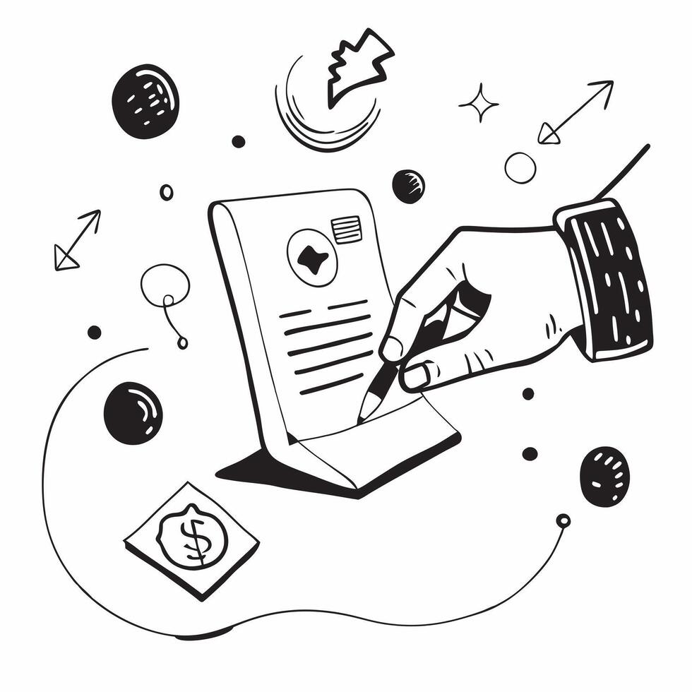 Hand Signing Contract with Holographic Agreement Icon and Signature Icon concept as A photo depicting a hand signing a contract with a glossy glowing holographic agreement icon and Dynamics Set 25 vector