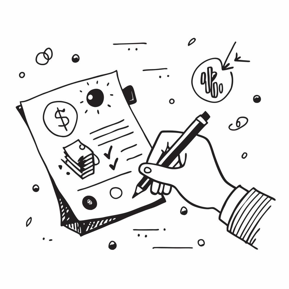 Hand Signing Contract with Holographic Agreement Icon and Signature Icon concept as A photo depicting a hand signing a contract with a glossy glowing holographic agreement icon and Dynamics Set 27 vector