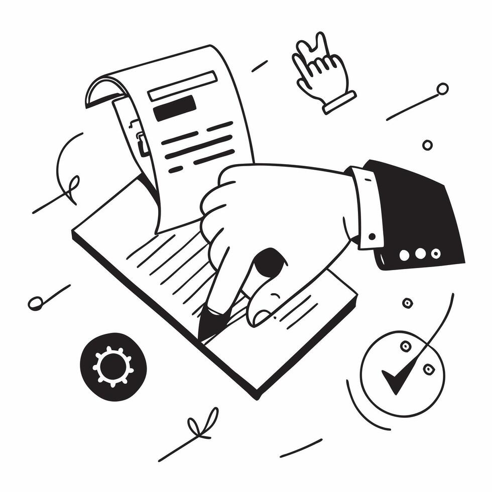 Hand Signing Contract with Holographic Agreement Icon and Signature Icon concept as A photo depicting a hand signing a contract with a glossy glowing holographic agreement icon and Dynamics Set 42 vector