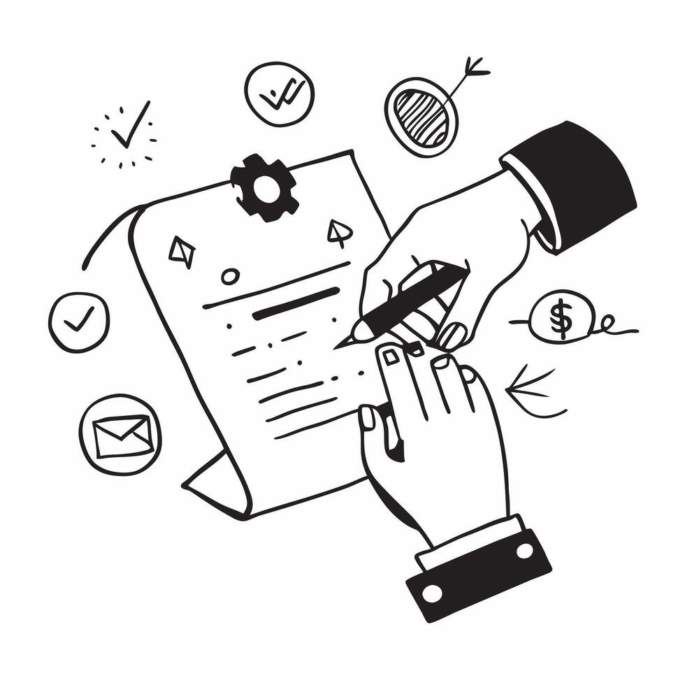 Hand Signing Contract with Holographic Agreement Icon and Signature Icon concept as A photo depicting a hand signing a contract with a glossy glowing holographic agreement icon and Dynamics Set 36 vector