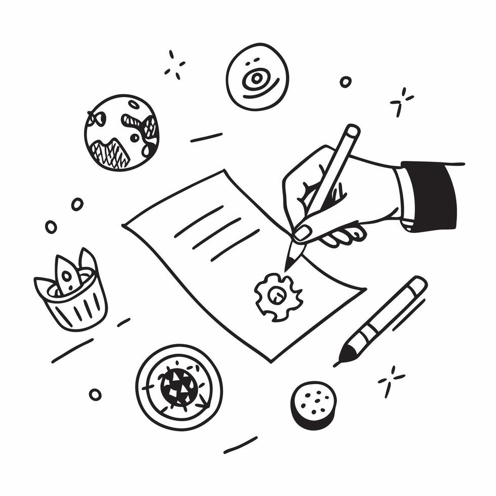 Hand signing contract with holographic world food day icons concept as Camera movement Zoom in on the hand signing the contract with holographic world food day icons floating nearb Dynamics vector