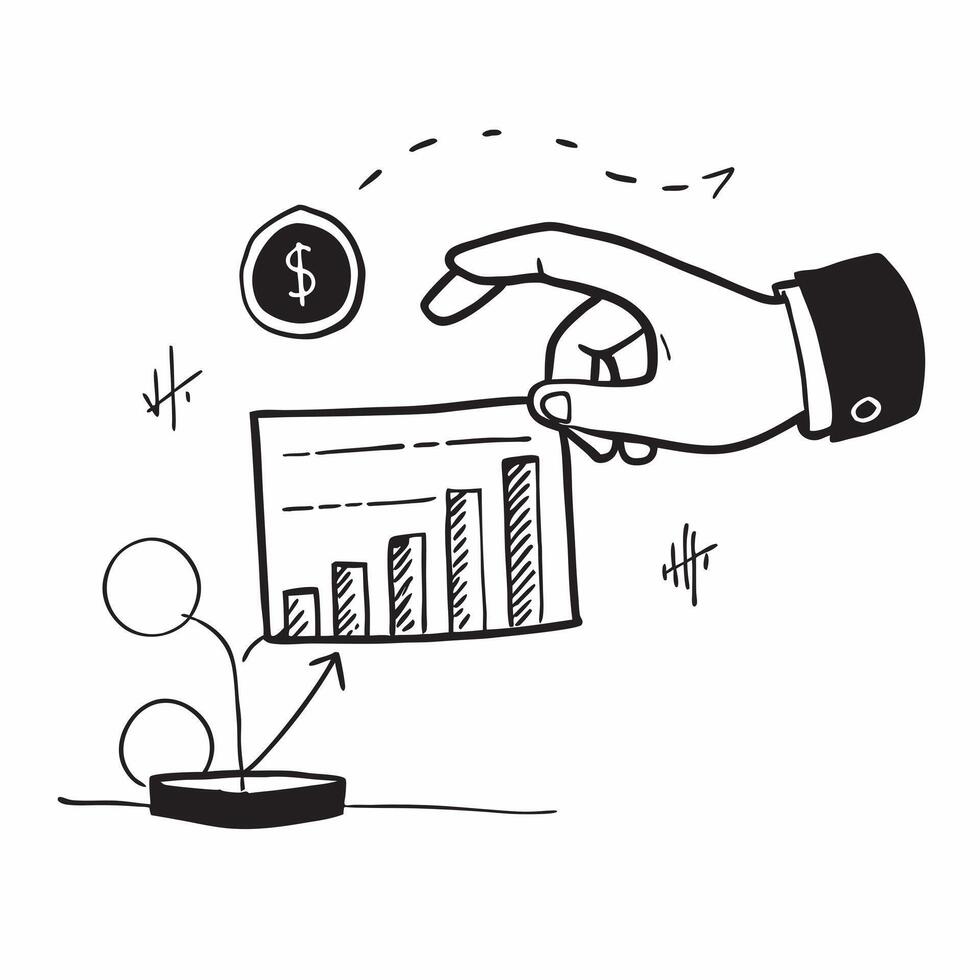 Hand with Holographic Bar Chart and Coin Stack concept as A photo showing a hand presenting a holographic bar chart and a stack of coins The elements are isolated on a white backg Dynamics vector