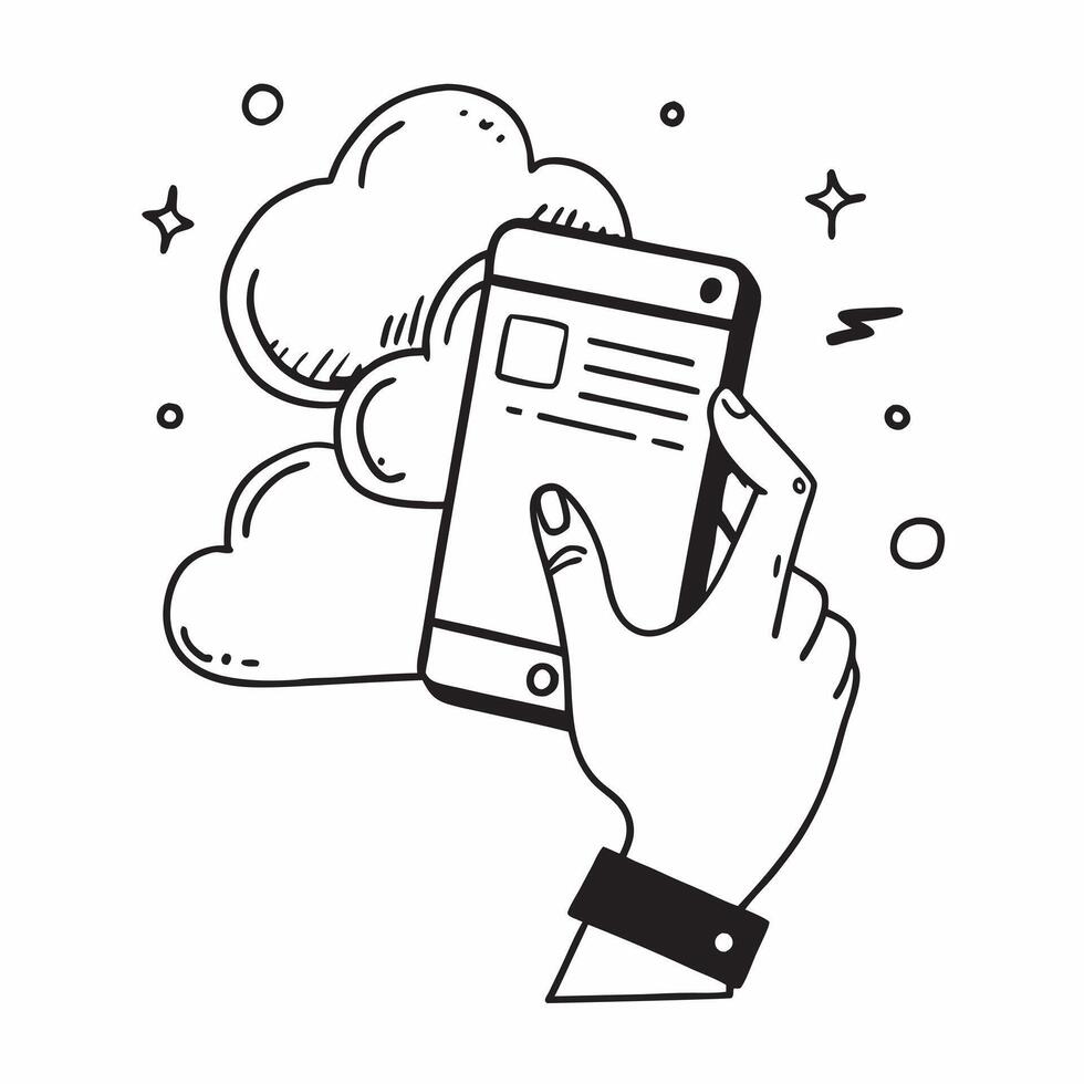 Hand with Holographic Smartphone and Cloud Icon concept as A photo showing a hand presenting a holographic smartphone and a cloud icon The hand is positioned towards the right hig Dynamics vector
