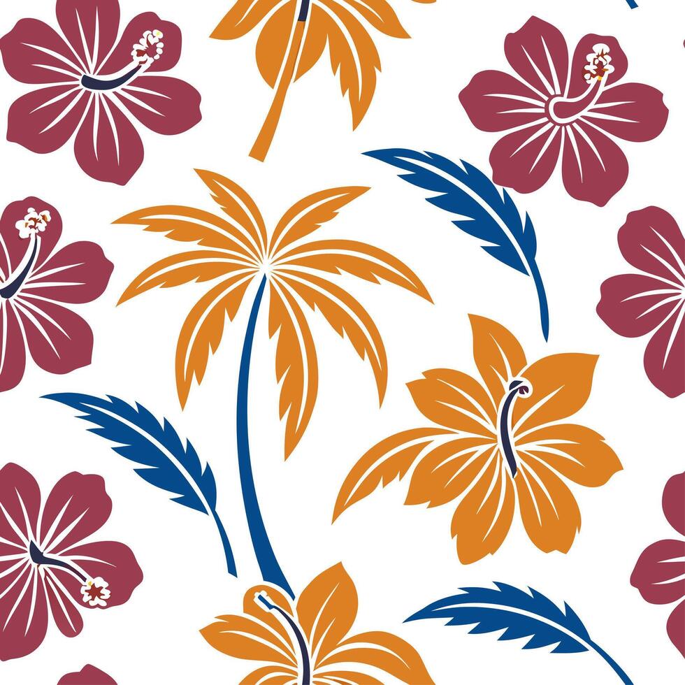 Hawaiian hibiscus and palm trees seamless tile pattern with tropical colors and traditional designs for island decor concept as Tropical hibiscus flowers and palm trees arranged se Dynamics vector