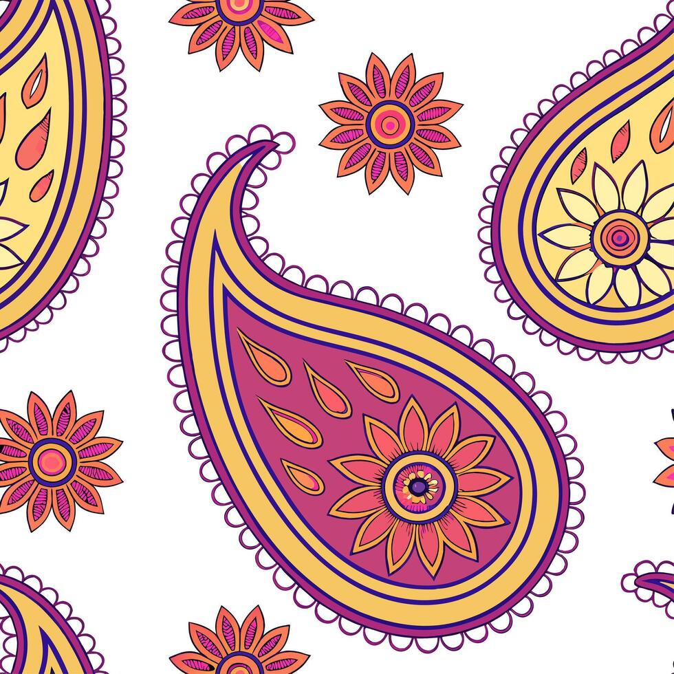 Indian vibrant sari patterns and paisleys seamless tile pattern with rich colors and traditional designs for cultural decor concept as Rich colored sari patterns and traditional pa Dynamics vector