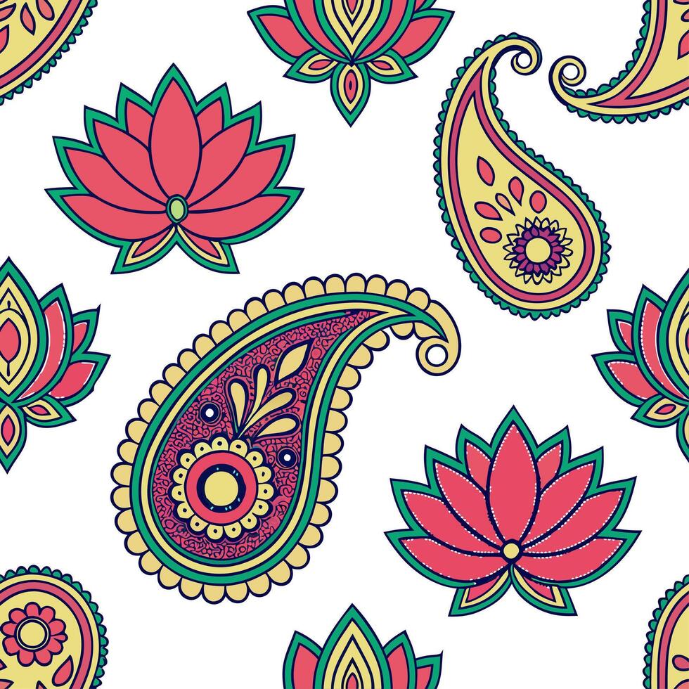 Indian Paisley and Lotus seamless tile pattern with vibrant colors and traditional designs for cultural decor concept as Vibrant paisleys and traditional lotus designs arranged sea Dynamics vector