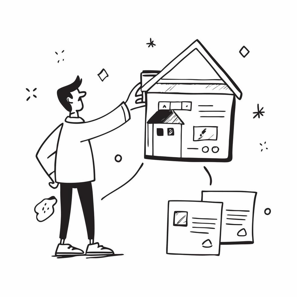 Influencer presenting a mockup house for sale in a neighborhood concept as An influencer presents a mockup house for sale in a neighborhood highlighting the property features and l Dynamics vector