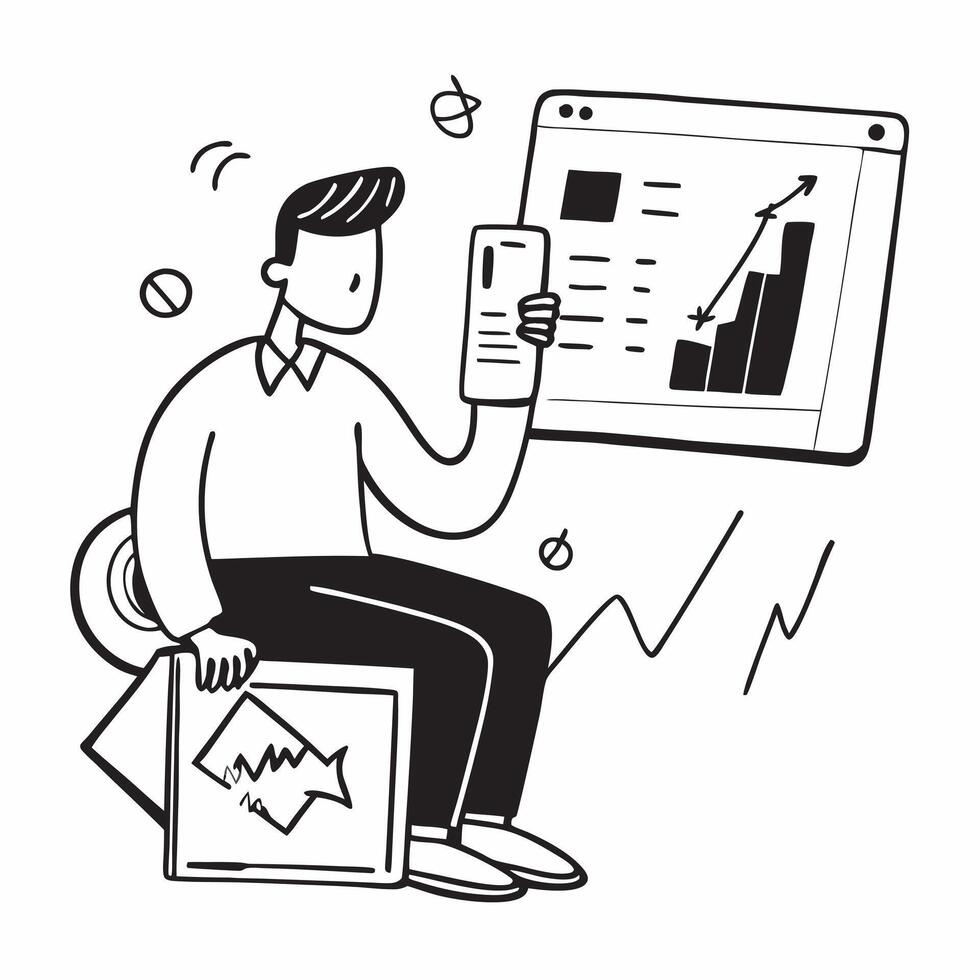 Investor analyzing market trends and stock valuations on a tablet concept as An investor sitting in a relaxed setting analyzing market trends and stock valuations on a tablet empha Dynamics vector