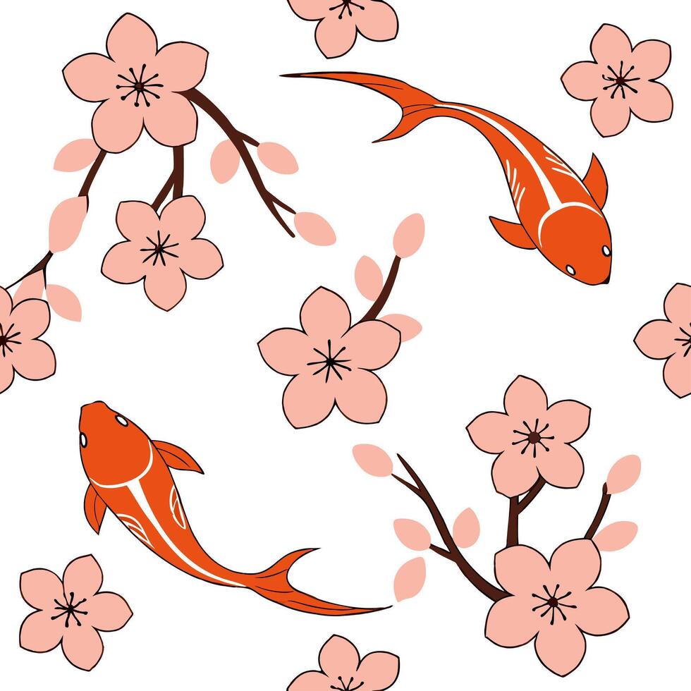 Japanese Sakura and Koi Fish seamless tile pattern with soft pinks and vibrant oranges for serene home decor concept as Soft pink sakura blossoms and vibrant orange koi fish arrang Dynamics vector