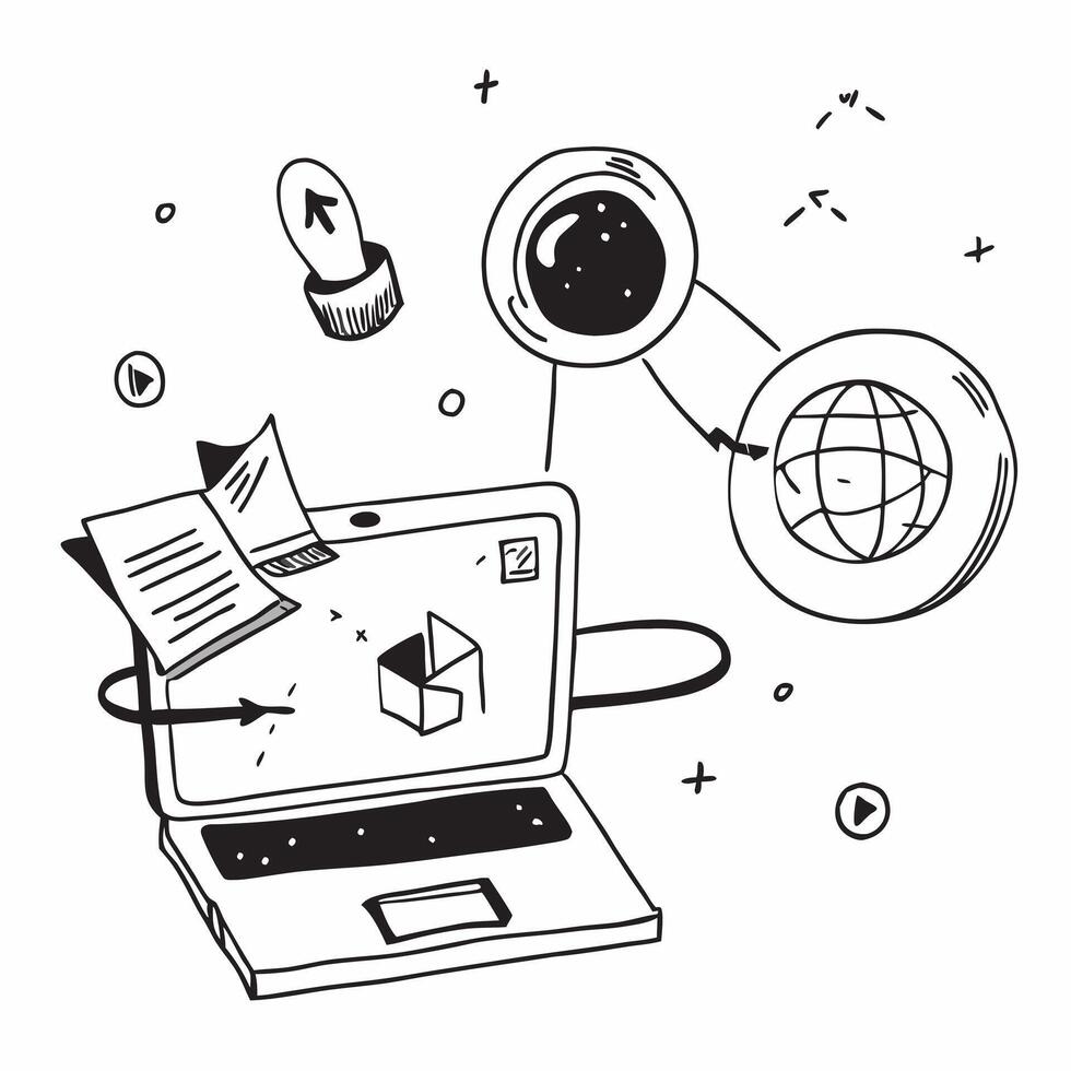 Laptop with holographic AI business recommendations and travel icons concept as Camera movement Pan across the laptop screen with a focus on glowing holographic AI business recomme Dynamics vector